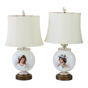 Antique French Josef Ahne Opaline Glass Portrait Pillow Table Lamps - a Pair
