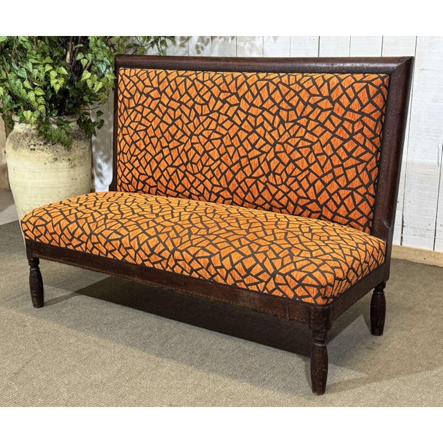 1930s bistro bench, upholstery and fabric redone - L=1m30, H=97cm, seat H=42cm, D=63cm.