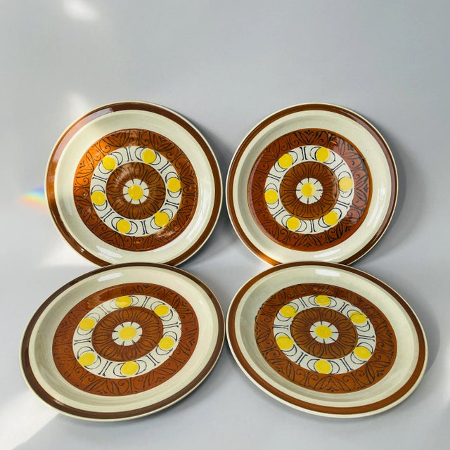 Vintage 70s Mid-Century Modern Topaz Japanese Sunburst Stoneware Dinner Plates- Set of 4 For Sale - Image 13 of 13