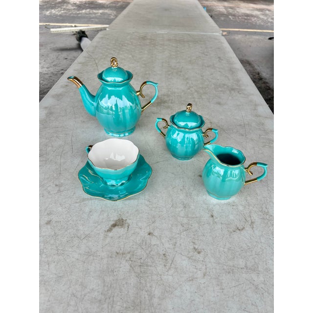 Vintage-Inspired Teal Lustre Tea Service With Gold Trim - 5 Pieces For Sale - Image 4 of 5