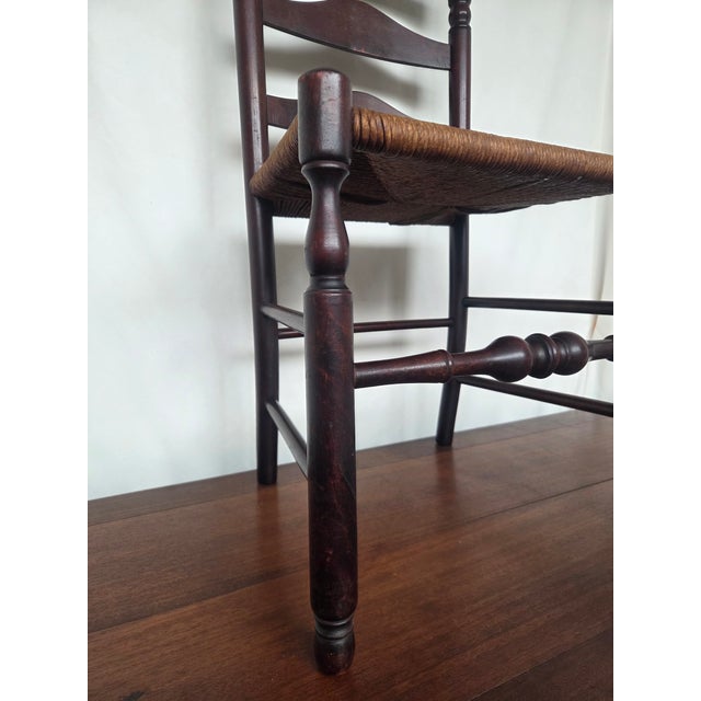 Wood Antique American Hand-Turned Ladder Back Chair W/ Woven Rush Seat For Sale - Image 7 of 10