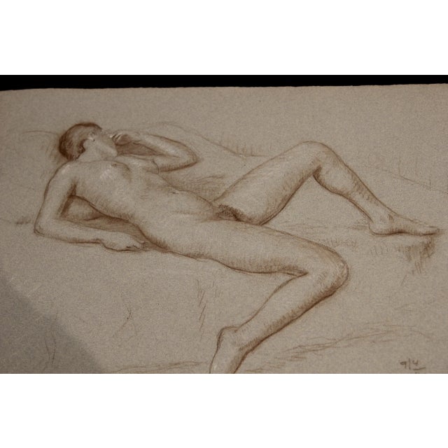 Mid-Century Modern Naturalistic Nude Laying on Bed Study Graphite Sketch 1940s For Sale - Image 3 of 5