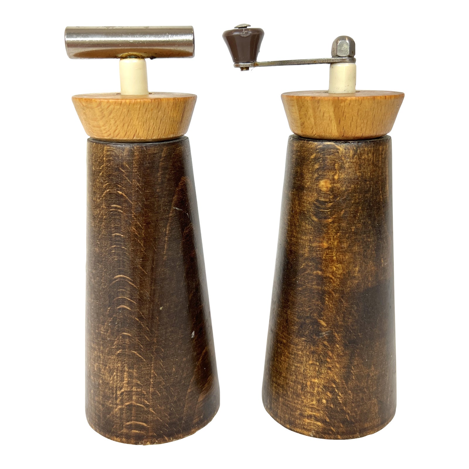 1960 French Marlux Wood Metal Salt and Pepper Shakers Grinders Mill Set 2 Pieces Chairish
