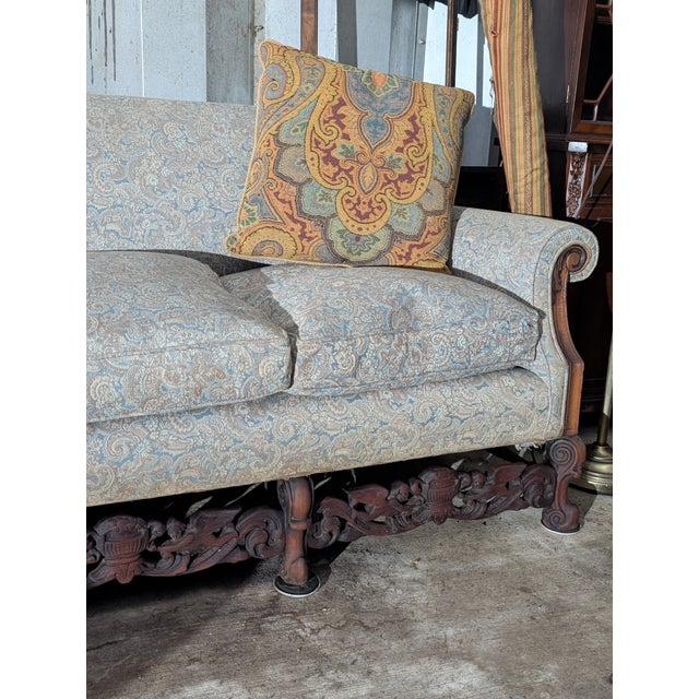 Vintage Victorian Revival Carved Wood Sofa With Paisley Upholstery For Sale - Image 16 of 16