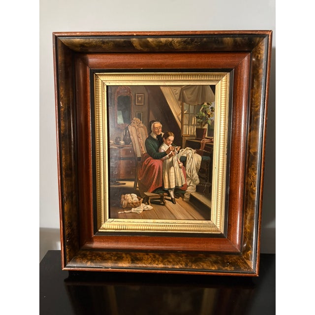 Framed Oil on Board Depicting "Woman Teaching Granddaughter to Saw", Mid-20th Century For Sale In Savannah - Image 6 of 6