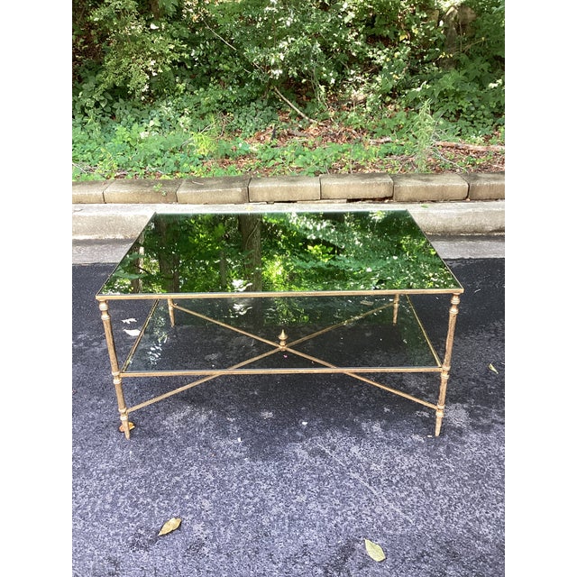 Hollywood Regency Vintage Hollywood Regency Antiqued Brass Finish & Mirrored Two Tier Coffee Table For Sale - Image 3 of 6