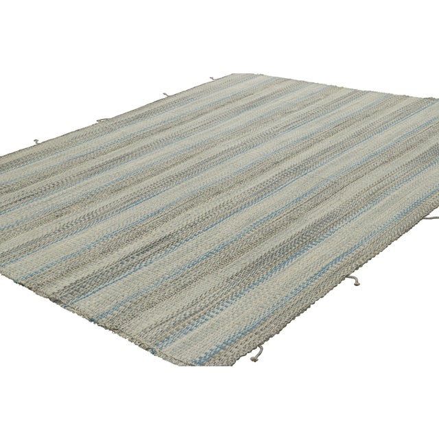 2010s Rug & Kilim’s Contemporary Kilim With Blue and Slate Gray Textural Stripes For Sale - Image 5 of 7
