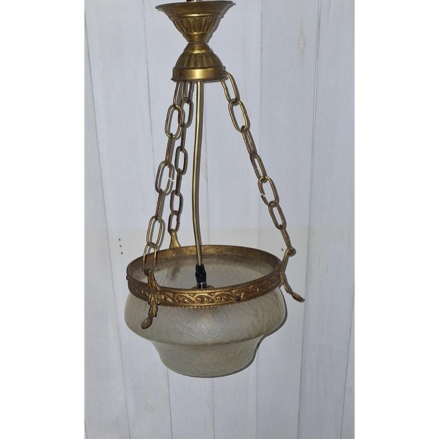 Antique Ceiling Lamp with Ornate Brass Frame and Original Glass Shade, 1890s For Sale - Image 4 of 7