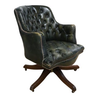 Old Green Leather Swivel Desk Chair with Nail Heads For Sale