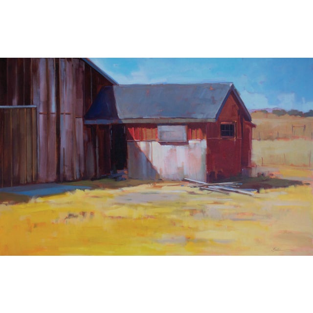 Structured Red by Samantha Buller | Oil Painting of a red barn with a blue roof in a field. For Sale