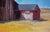 Structured Red by Samantha Buller | Oil Painting of a red barn with a blue roof in a field. For Sale