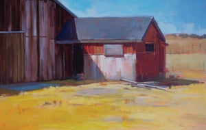 Structured Red by Samantha Buller | Oil Painting of a red barn with a blue roof in a field.