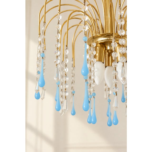 Mid-Century Modern Vintage Chandelier with Blue Teardrop Crystals, 1970s For Sale - Image 3 of 10