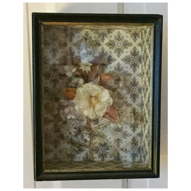 Antique 19th Century French Victorian Wall Paper Shadow Box With Fancy Work Dimensional Flower For Sale - Image 11 of 12