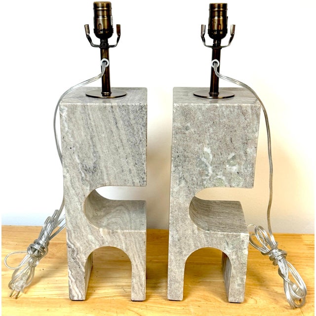 1980s Italian Sculptural Gray Marble Architectural Table Lamps - a Pair For Sale - Image 15 of 16