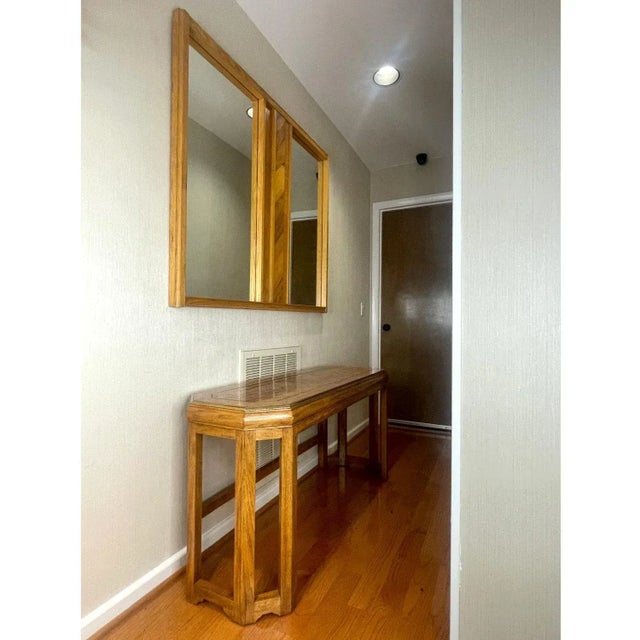 Oak Wall Mirror and Console Table Set With Parquet Top and Gold Trim For Sale - Image 4 of 12