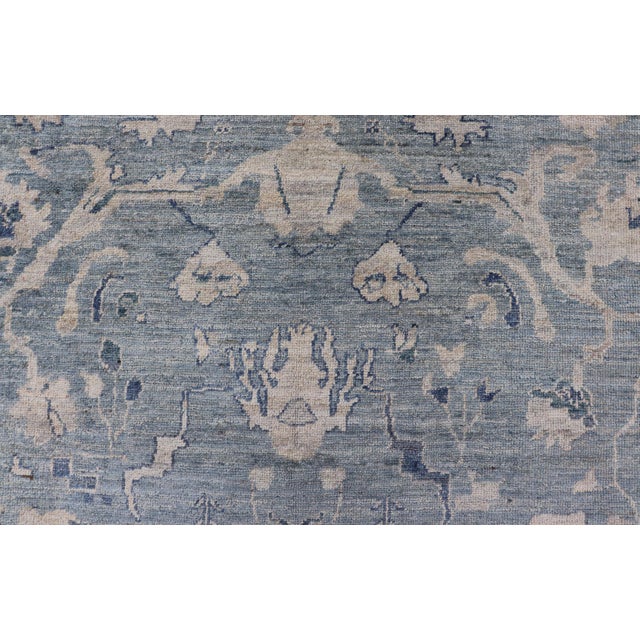 Turkish Angora Oushak Rug in Dusty Blue Background and Silver Border 9'2 X 11'7 For Sale - Image 9 of 11