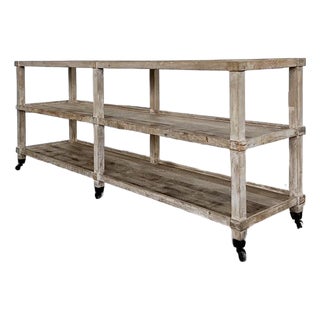 Vintage Rustic Plank Wood Three Tier Console on Casters For Sale