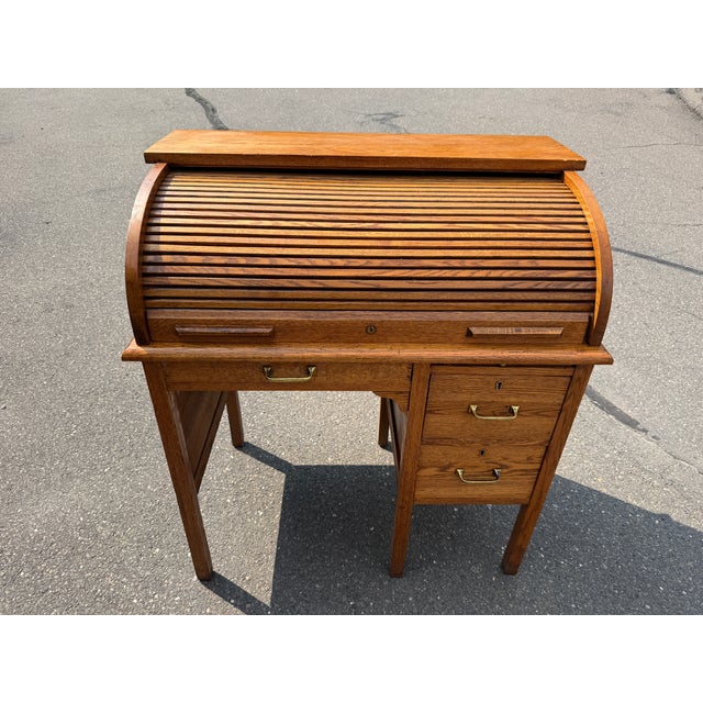 Mid-Century Modern Antique Paris Mfg. Co. Oak Roll-Top Secretary Desk – No. 650 – South Paris, Maine For Sale - Image 3 of 9
