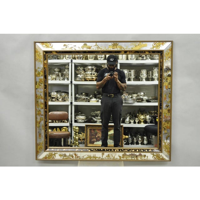 Vintage Chinoiserie Figural Eglomise Reverse Painted Oriental Wall Mirror. Item features antiqued silver leaf and oil drop...