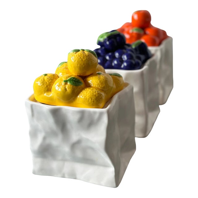 Vintage Ceramic Fruit "White Paper Bag" Containers, Set of Three - Lemons, Grapes & Oranges For Sale