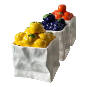 Vintage Ceramic Fruit "White Paper Bag" Containers, Set of Three - Lemons, Grapes & Oranges