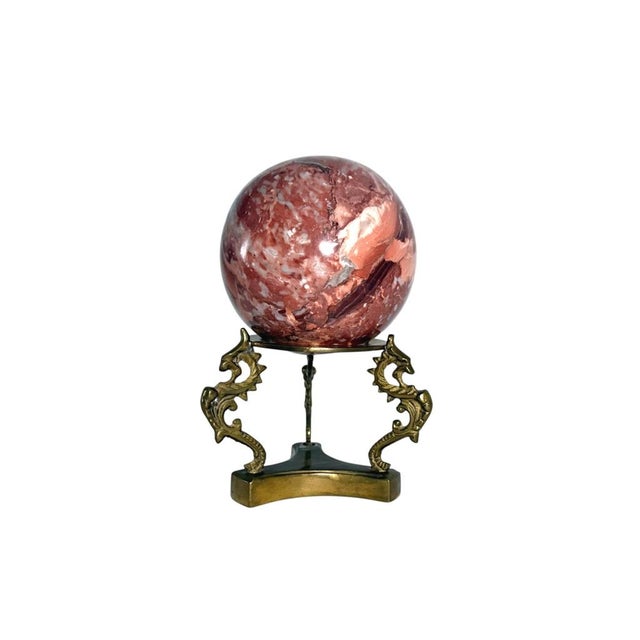 Art Nouveau Pink/Red Marble Sphere Brass on Dragon Stand For Sale - Image 3 of 11