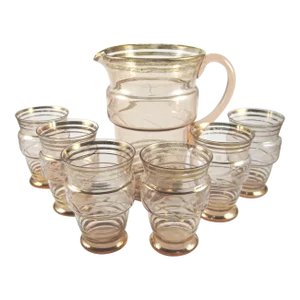 1930s Art Deco Depression Era Pink Cut Glass Gold Bands Juice Pitcher & 6 Glasses - Set of 7