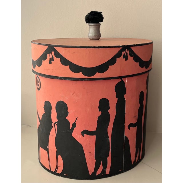 English Vintage Oval Wallpaper Box by Atelier of Hudson, New York With Black Regency Silhouettes on a Pink Ground For Sale - Image 3 of 18