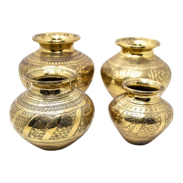 Vintage Engraved Brass Lota Vessel From India 1950s Set of 4 For Sale