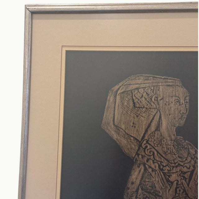 1960s Late 20th Century Framed 37x18 Gold Wax Brass Rubbing "The Lace Lady" Margaret Peyton For Sale - Image 5 of 5