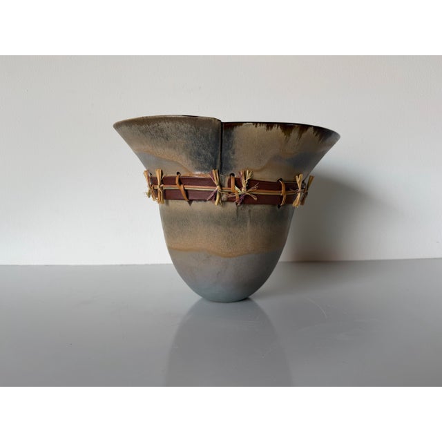 1980s Vintage Organic Studio Art Ceramic Vase With Natural Fiber Detail For Sale - Image 4 of 12