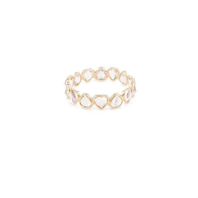 Metal 18k Yellow Gold Stackable Heart Cut Rainbow Moonstone Eternity Band Ring Size 3.5 For Sale - Image 7 of 7