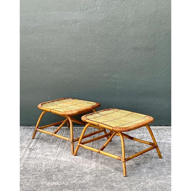 Vintage Rattan Low Stools - Pair For Sale - Image 4 of 12