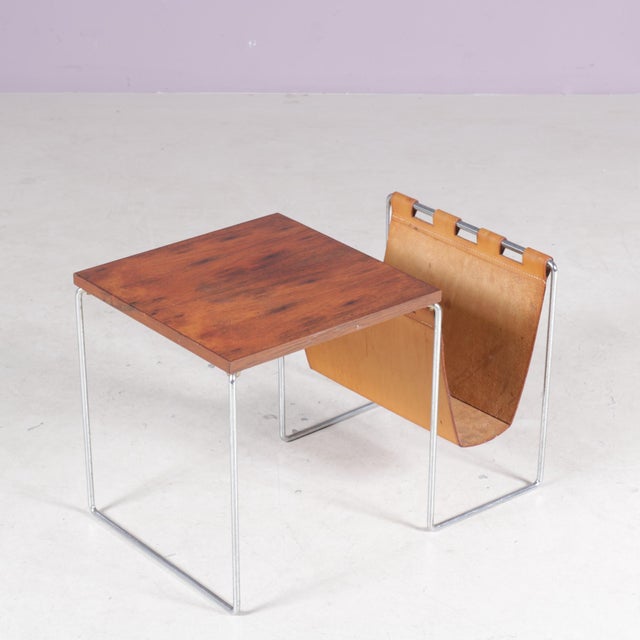 Side Table with Leather Magazine Rack by Brabantia, Netherlands, 1960s For Sale - Image 4 of 7
