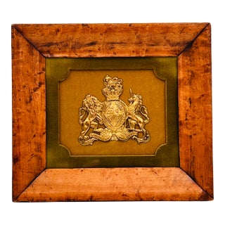 Vintage Framed English Brass Royal Coat of Arms in Burlwood Frame With Green Velvet Mat For Sale