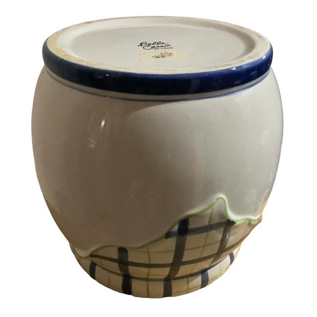 Ceramic Vintage Bella Casa by Ganz Trompe L’Oeil Blue and White Plaid Peach / Peaches 3d Fruit Cookie Jar Canister For Sale - Image 7 of 11