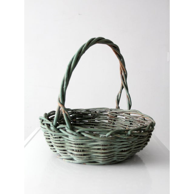 Farmhouse Vintage Green Painted Gathering Basket For Sale - Image 3 of 15