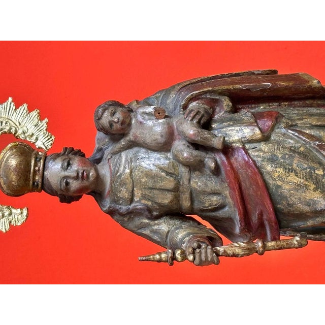 Our Lady of the Rosary with Child in Polychrome Wood For Sale - Image 5 of 14