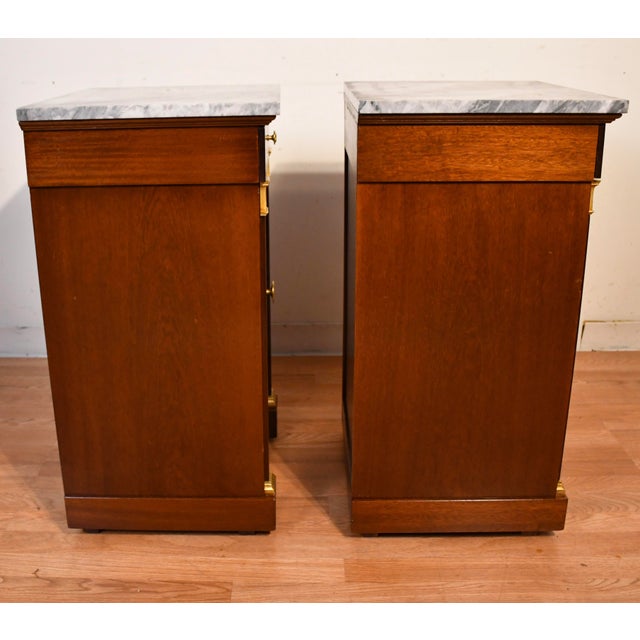 1930s French Empire Mahogany & Marble Top Pair of Nightstands / Bedside Tables For Sale - Image 14 of 18