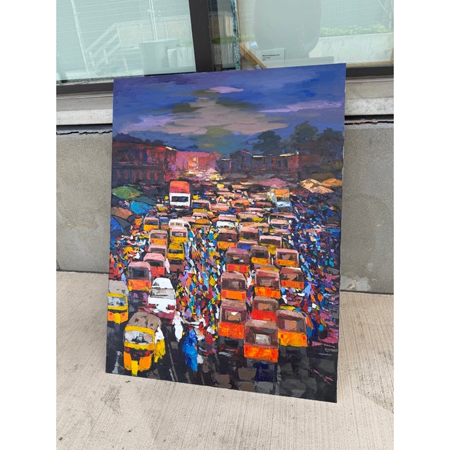 Contemporary A Thousand Daily Journeys. Oil on Canvas, Palette Knife, City, Street, Unique Painting by Godfrey Afebuame For Sale - Image 3 of 5