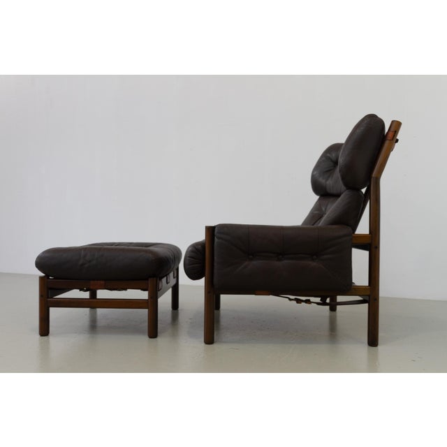 Wood Set of Mid-Century Modern Scandinavian Safari Lounge Chair and Ottoman by Bruksbo, 1970s For Sale - Image 7 of 18