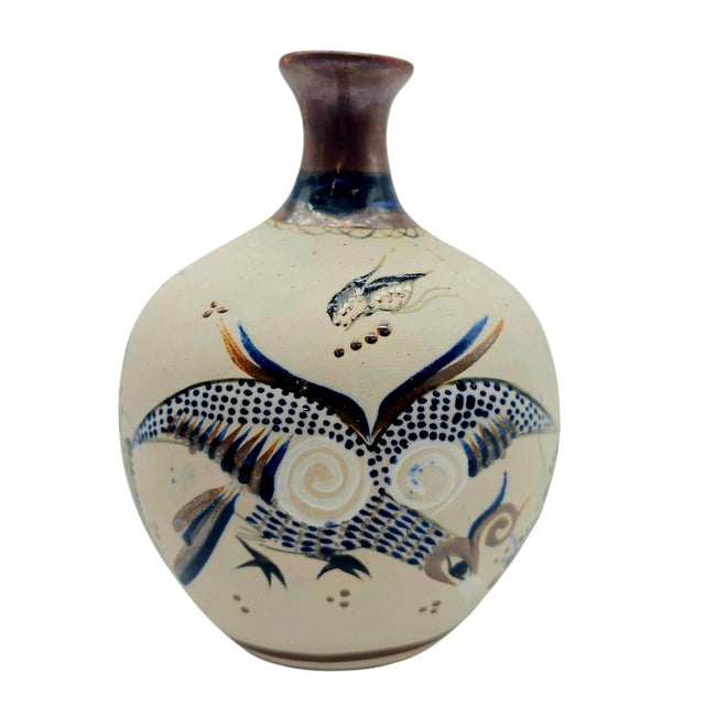 Rustic VTG Tonala Vase Mexico Art Pottery Nahual Shapeshifter Cat Bird Signed 9.5" For Sale - Image 3 of 7