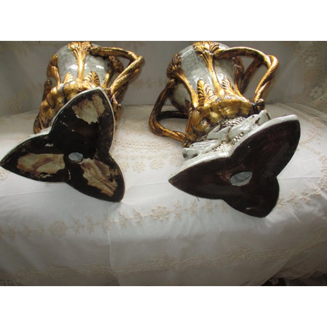 Vintage Italy Dolphin Base & Double Snake Handle Gold & Grey Vases- a Pair For Sale - Image 9 of 13