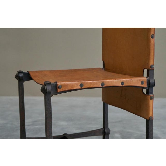 Vintage Brutalist High Back Chair in Wrought Iron and Patinated Cognac Leather, 1950s For Sale - Image 12 of 18