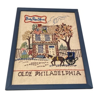 Vintage Antique Crewel Embroidery of Colonial Olde Philadelphia Betsy Ross House For Sale