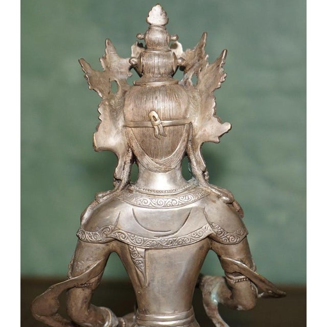 Tibetan Silvered Metal Buddhist Deity Figure Statue on Lotus Base For Sale - Image 14 of 18
