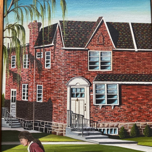 1950’s original illustrative painting of girl running with dog in front of house. Painting measures 12x16 and 20x24 overall.