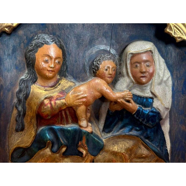 Wood Late Gothic Polychromed Wooden Triptych Relief – Madonna and Child With Saints, 15th–16th Century. For Sale - Image 7 of 16