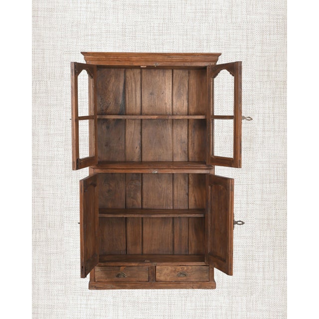 Rustic Antique Indian Glass Armoire | Teak Wood Cabinet | Vintage Glass Display Cabinet | Rustic Home Decor For Sale - Image 3 of 6